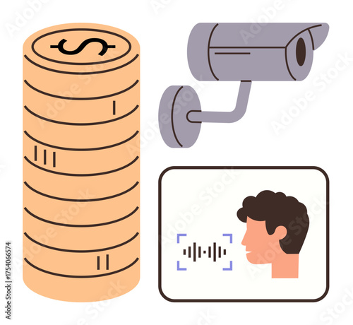 Stack of coins represents finances, surveillance camera suggests security monitoring, face with voice wave implies voice recognition. Ideal for security, privacy, AI, technology, finance, innovation
