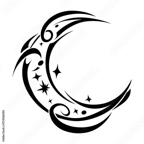 A bold monochromatic tribal tattoo design featuring curved lines, crescent moon, stars,