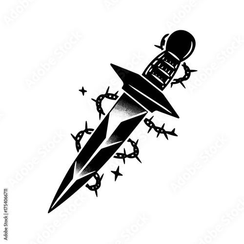 A meticulously crafted black stallion tattoo design featuring a decorative dark sword with embedded geometric patterns,