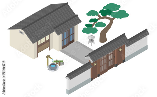 アイソメトリックイラスト：和風の門と日本家屋