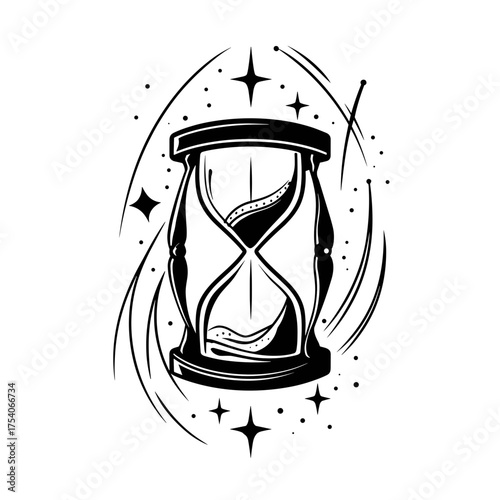A black and white vector illustration of an hourglass with flowing sand, surrounded by stars and decorative lines,