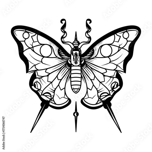 Intricate black and white vector illustration of a butterfly with mythological elements, ornate patterns,