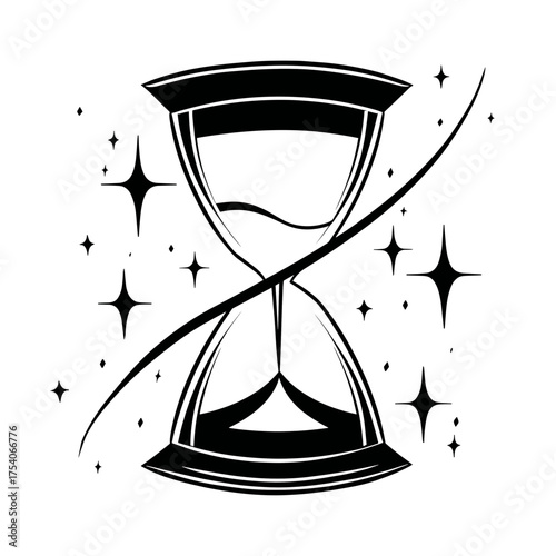 A top-down view of a stylized hourglass with a shooting star streak,