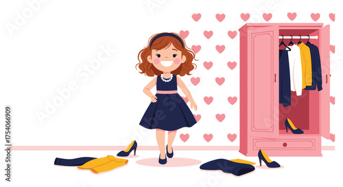 A young girl happily picks out an outfit from her wardrobe to wear for the day.