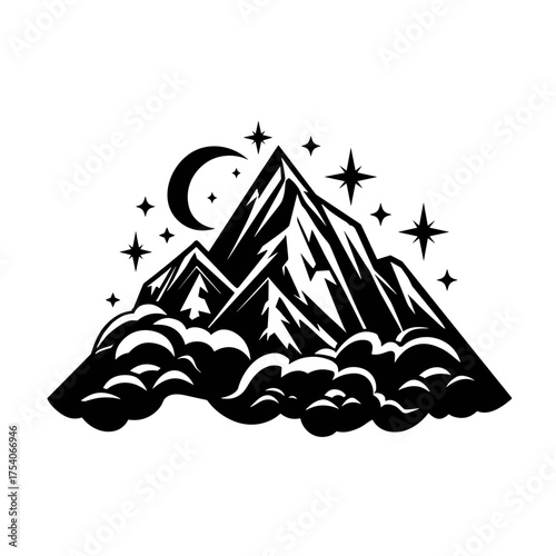 A bold black and white tribal tattoo design featuring jagged mountain peaks, textured clouds, celestial stars,