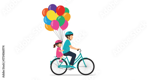 A father and daughter ride a bicycle with colorful balloons floating above them.