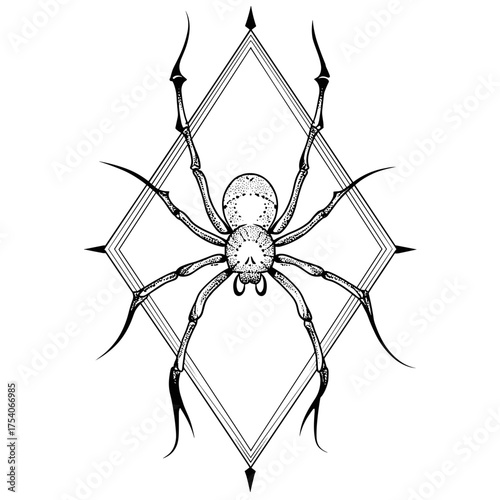 Intricate tribal spider tattoo design featuring bold symmetrical line art within a diamond frame,