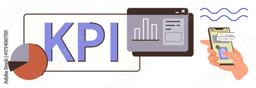 KPI text with a pie chart, data dashboard window, and hand holding a smartphone displaying notification. Ideal for data analysis, performance monitoring, business management, reporting, digital