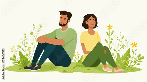 Illustration of a man and woman sitting backtoback on grass with various wildflowers
