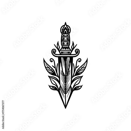 A black and white vector illustration of a tribal knife with ornate handle, detailed geometric patterns,