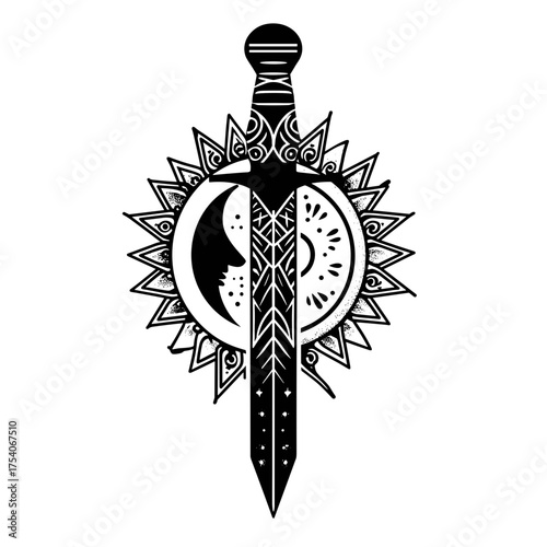 A symmetrical black and white vector illustration of a stylized ceremonial dagger with tribal patterns, sun-like frieze,