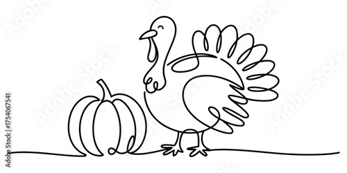 Minimalist turkey and pumpkin, continuous line art illustration, for Thanksgiving and autumn harvest themes