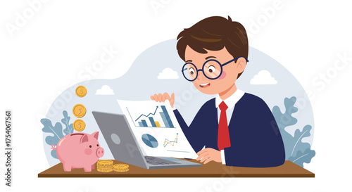 Young man in formal wear analyzing financial charts on a laptop with a piggy bank and coins, symbolizing savings and investment growth