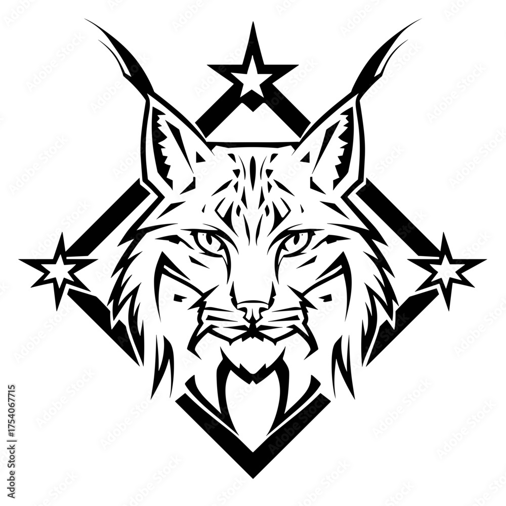 Obraz premium A black and white vector illustration of a stylized fennec fox with bold tribal design elements,