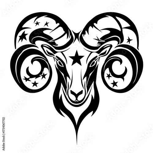 Tribal styled tarpaulin featuring a bold ram head design with celestial stars,