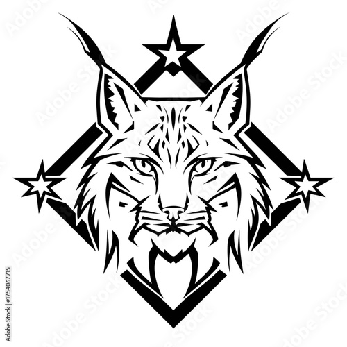 A black and white vector illustration of a stylized fennec fox with bold tribal design elements,