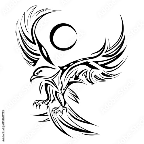 A bold geometric eagle tattoo design with extended wings features intricate tribal patterns,