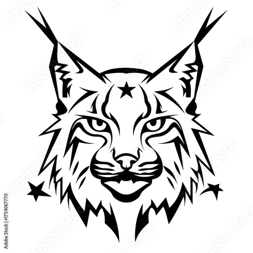 A black and white vector illustration of a lynx head with bold lines, intricate detailing,