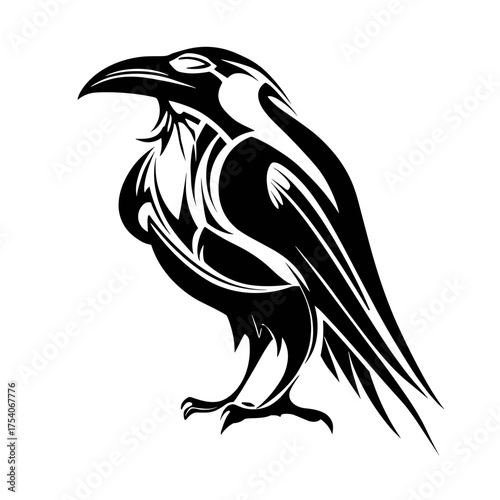 A bold black and white tribal bird vector illustration with intricate patterns, symmetrical wings, and sharp beak,