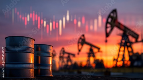 Wallpaper Mural Oil barrels and pumpjacks with financial chart at sunset Torontodigital.ca