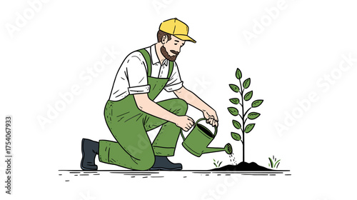 Man in green overalls and yellow cap kneeling watering a young plant with a green can