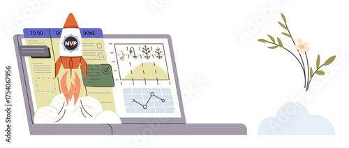 Rocket taking off from a laptop screen displaying graphs, charts, and task boards. Ideal for productivity, business growth, planning, project management, success, innovation and entrepreneurship
