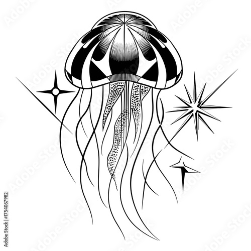 A black and white vector illustration of a jellyfish with intricate patterns and symmetrical tendrils,