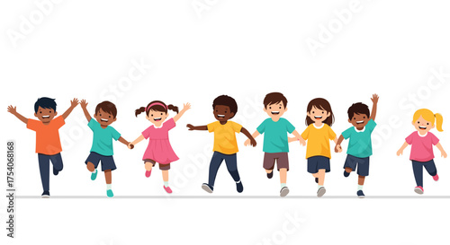 A diverse group of happy children holding hands and running together.