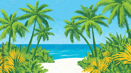 Lush tropical beach scene with palm trees green foliage a sandy path and blue ocean