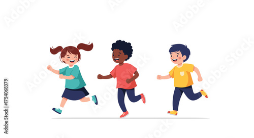 Three diverse young children running and playing outdoors in a field happily.