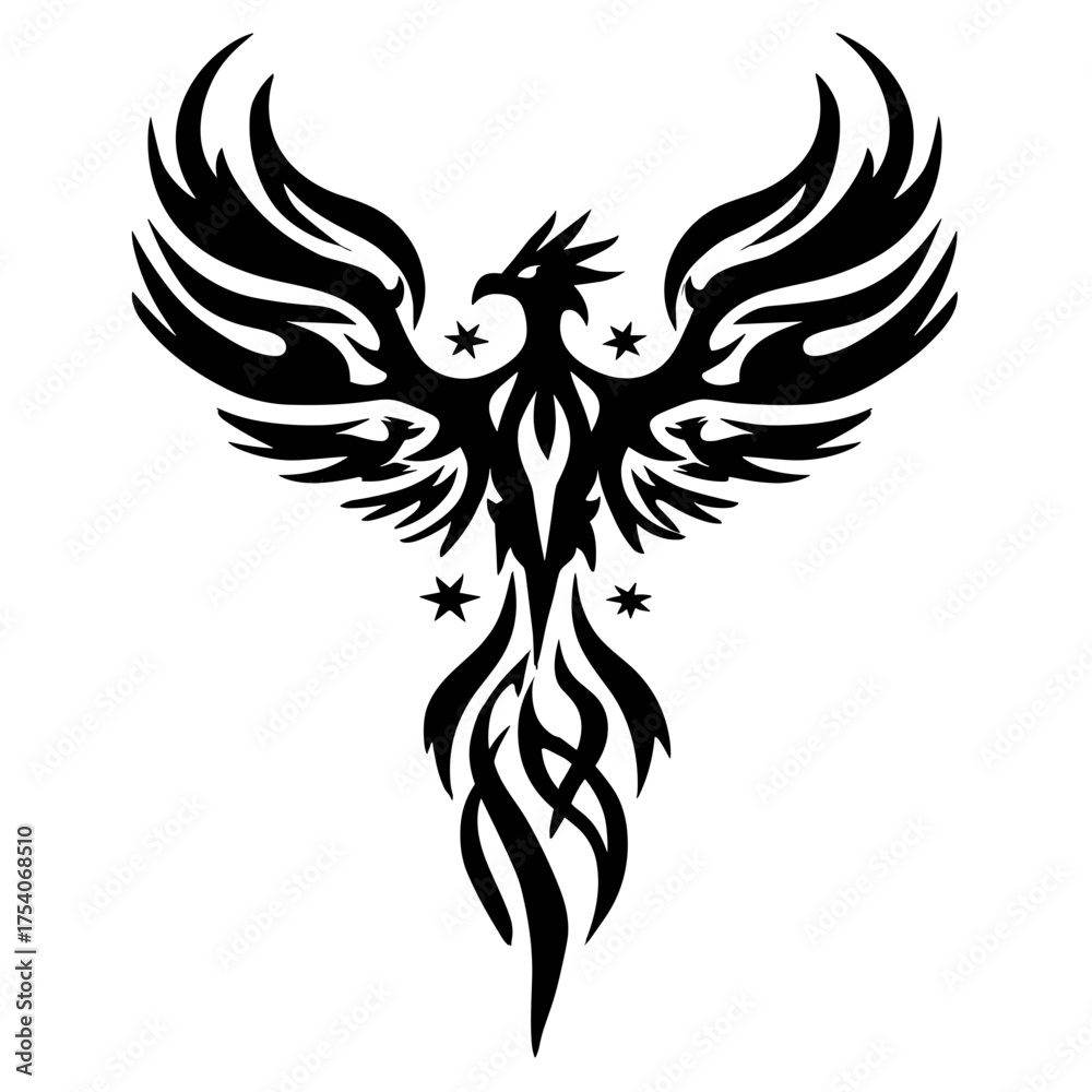 Fototapeta premium A stylized tribal phoenix with wide-spread wings and flame-tipped tail,