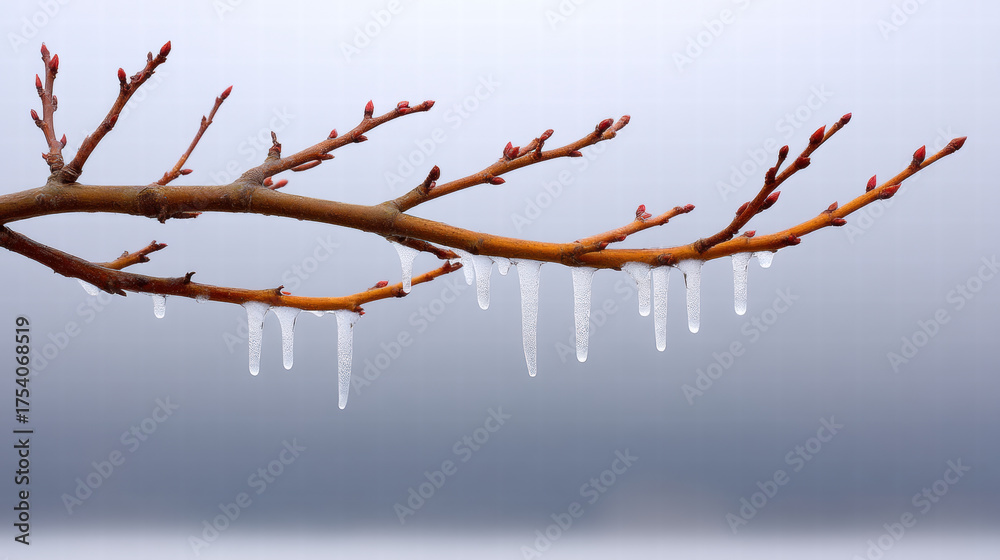 Obraz premium Ice clinging to bare tree branch in winter creates emotional visual scene with icicles hanging against soft background