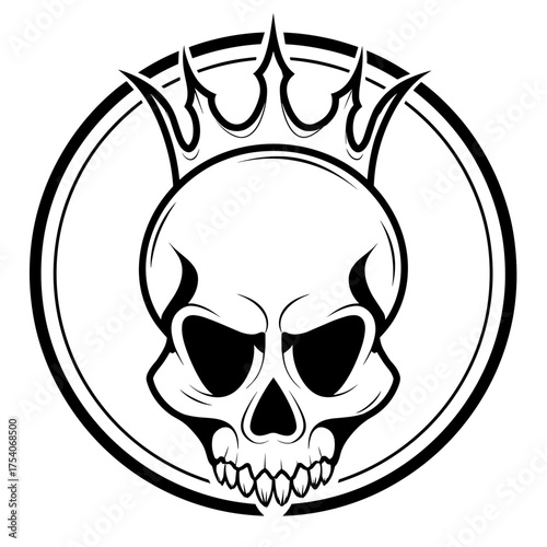 Tribal styled crowned skull vector illustration with bold thick lines, geometric shapes,