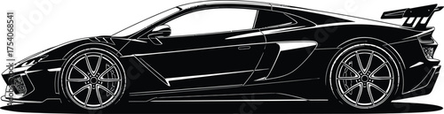 Side view of a black sports car isolated on white background, showcasing its sleek design, aerodynamic features, and powerful stance