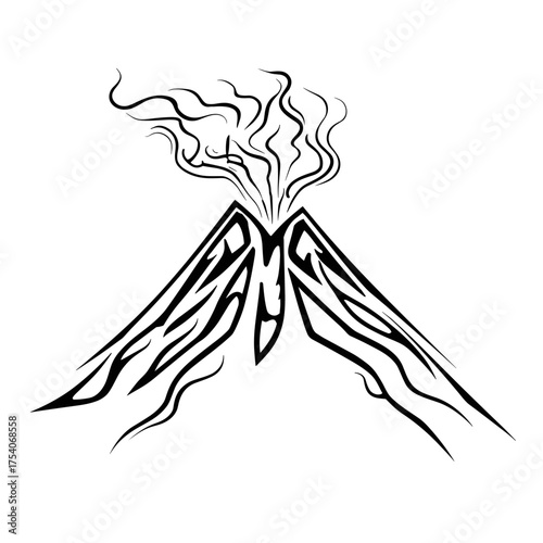A black and white vector illustration of an erupting volcano with intricate tribal patterns, stylized lava flows,