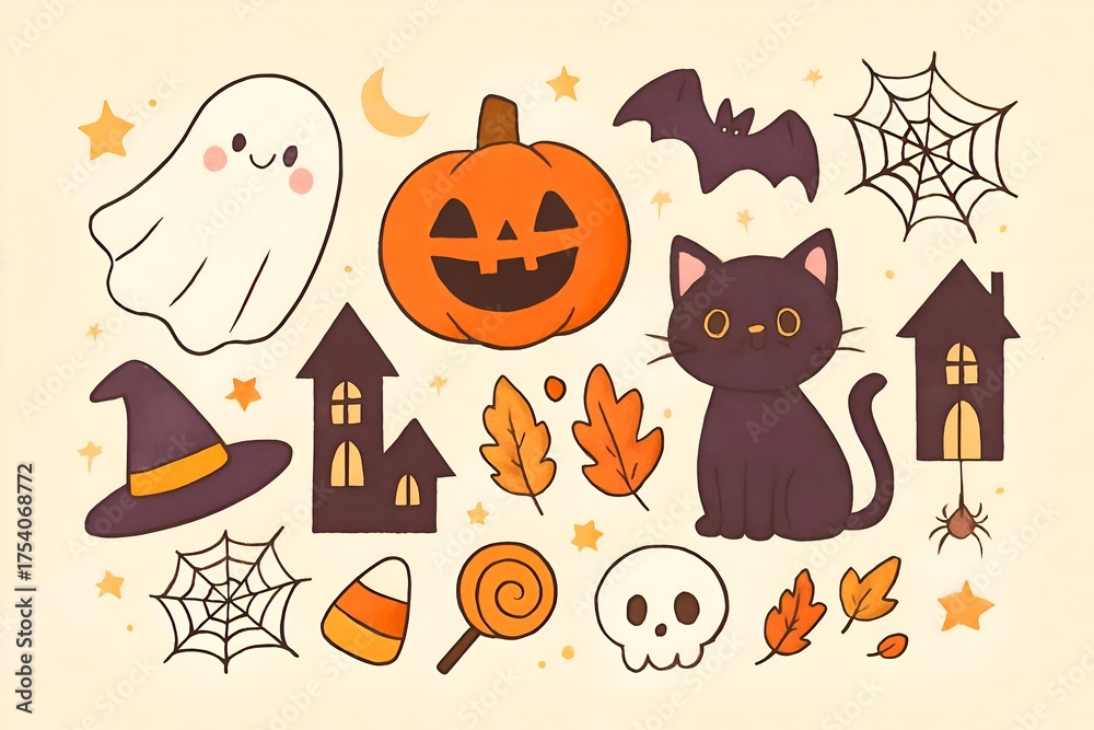 Fototapeta premium Cute Halloween Cartoon Elements Collection Featuring Spooky and Festive Illustrations