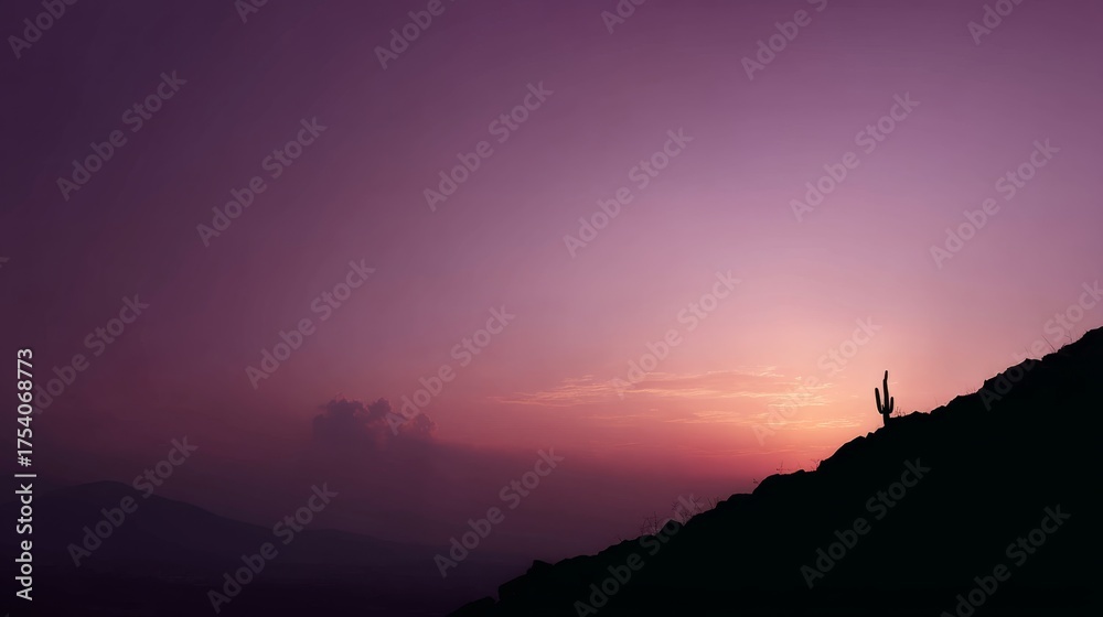 Obraz premium Vibrant desert sunset with lone cactus silhouette against colorful sky and rugged hillside in warm gold and purple hues
