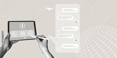 Messaging app interface for a tablet with a stylus. Trendy halftone collage. Concept of communication, information exchange, and chat.
