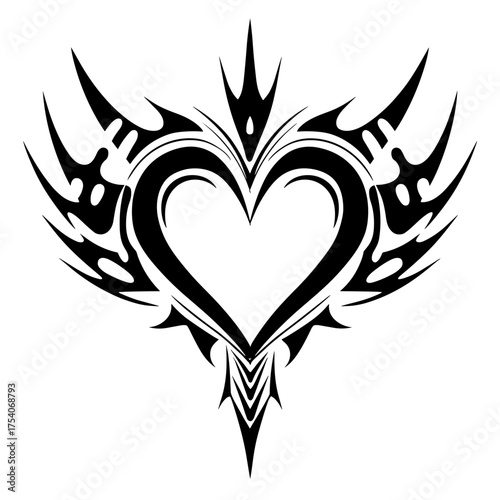 Intricate black and white tribal tattoo vector illustration of a heart with bold symmetrical lines and pointed spikes,