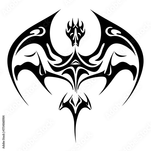 Black and white tribal tattoo design featuring a central vertex shape with intricate symmetrical wings, bold lines,