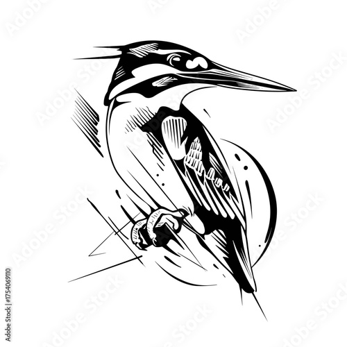 A sharp-beaked bird depicted in detailed black line art, symbolizing boldness and strength,