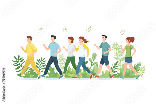Six smiling animated people jogging outdoors among green plants on a white background
