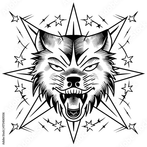 A fierce wolf head tattoo design with intricate line art, surrounded by geometric stars and angular elements,