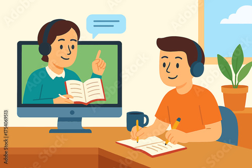 Online learning session with teacher and student focused.