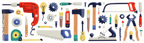 Set of construction tools for home repairs. Mechanic tools collection isolated on white background. Cartoon doodle hammer, drill, screwdriver, hacksaw, chisel, light bulb. Vector illustration