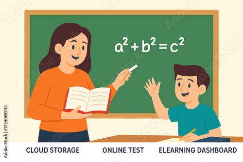 Teacher explaining math equation to student in classroom.