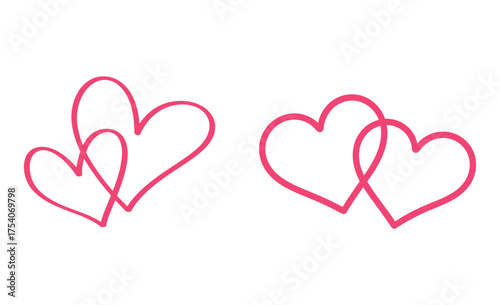 Two pairs of hand drawn pink hearts intertwined and overlapping on a white background