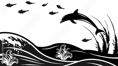 Dynamic dolphin leaps from ocean waves in this charming design, perfect for coastal themes and sea life projects