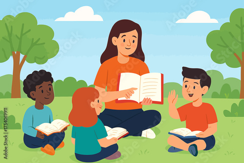 Teacher reading a book to children in the park.