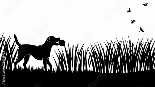 Playful Labrador retriever fetching ball in tall grass with butterflies in a sunny field silhouette